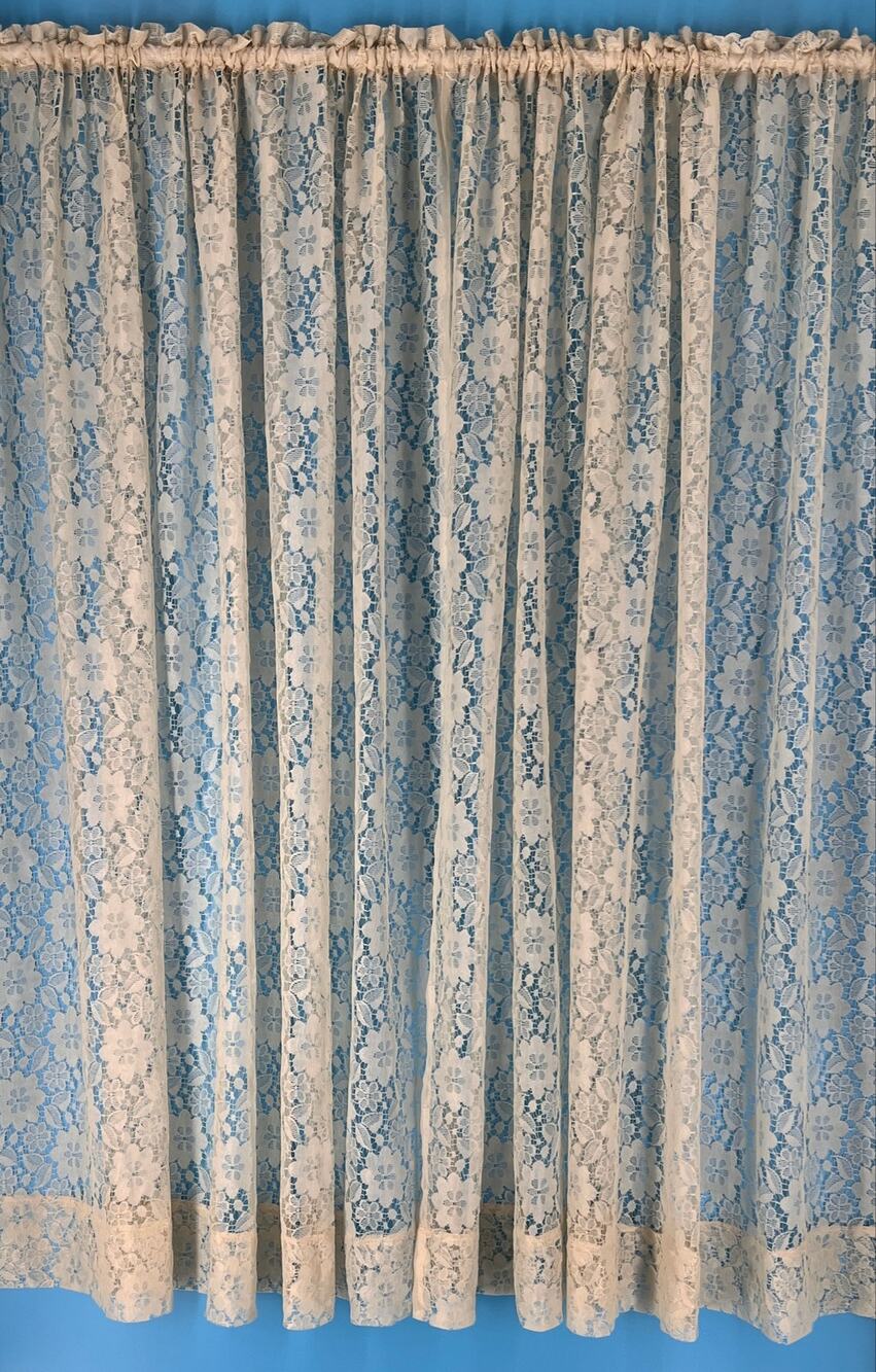Vintage Cottagecore Lace Curtains Beige Floral Panels 2 Piece Set 80s 1980s